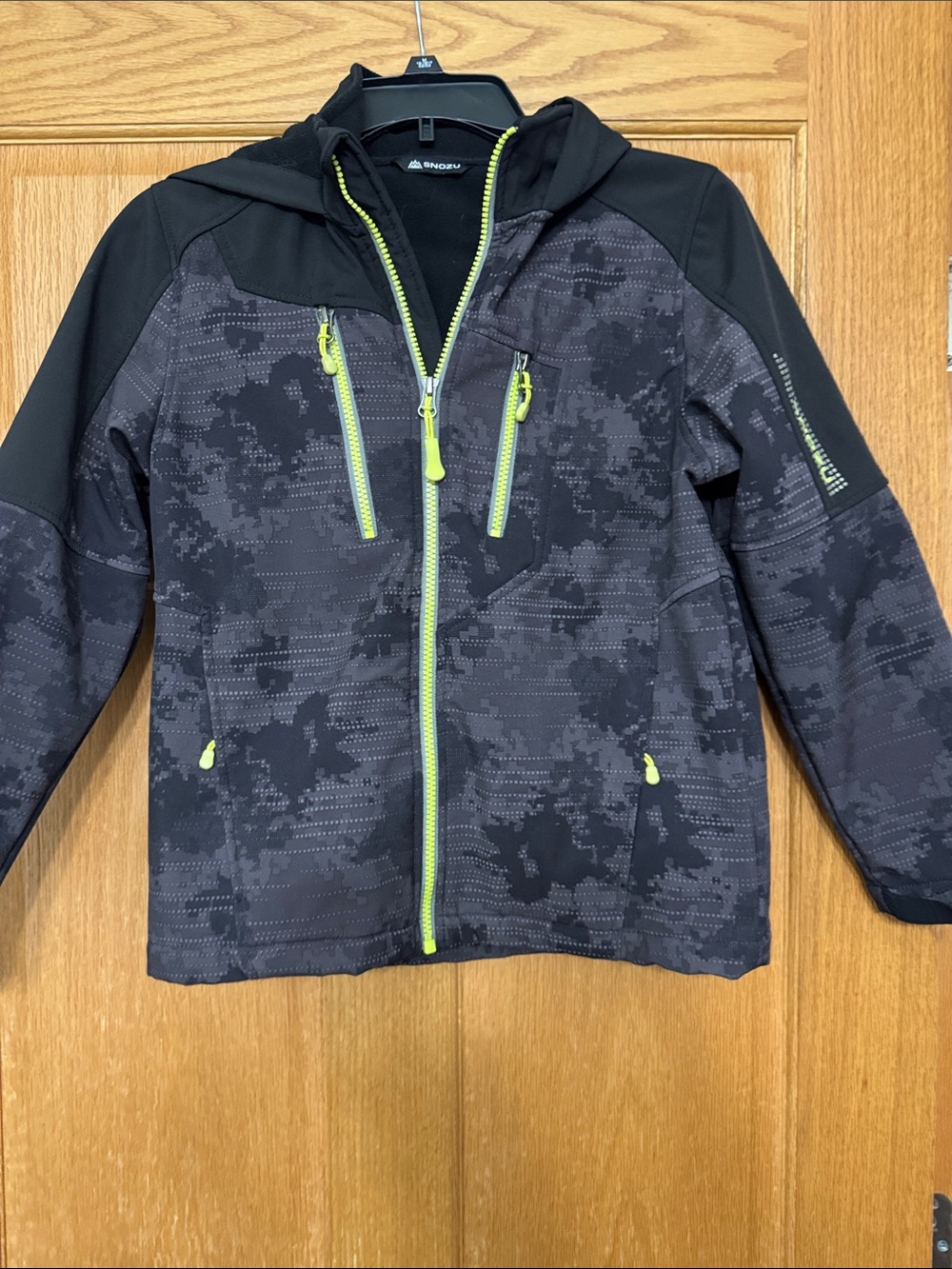 Snozu Boys' Black Camo Hooded Jacket with Lime Trim